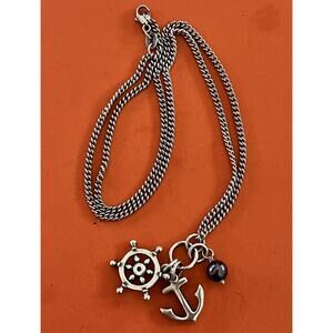 James Avery Retired Silver Anchors Aweigh Ship Wheel Anchor and Pearl Pendant
